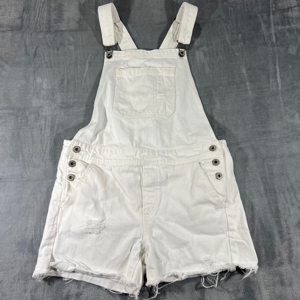 Lucky Brand White Denim Distressed Shortalls Overalls Womens Medium